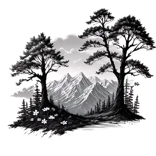 birth flowers August May October November growing under mountains and trees tattoo design idea