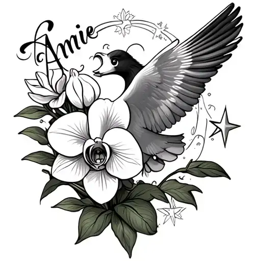 "Annie" Colombe who flies to the sky with an orchid flower, heart, star tattoo design idea
