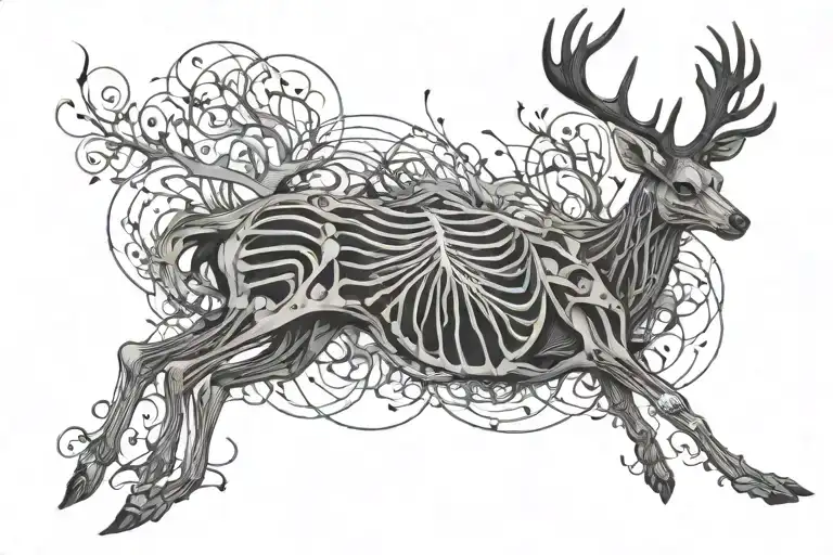 full body minimalist deer skeleton running tattoo design idea