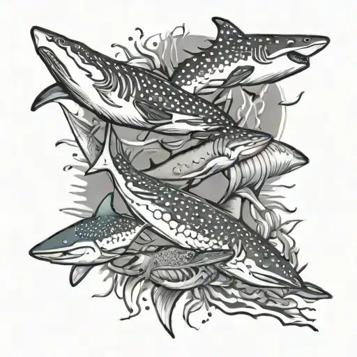 Light line tattoo sleeve. ocean themed with sharks, whale shark, turtle, and sting rays tattoo design idea