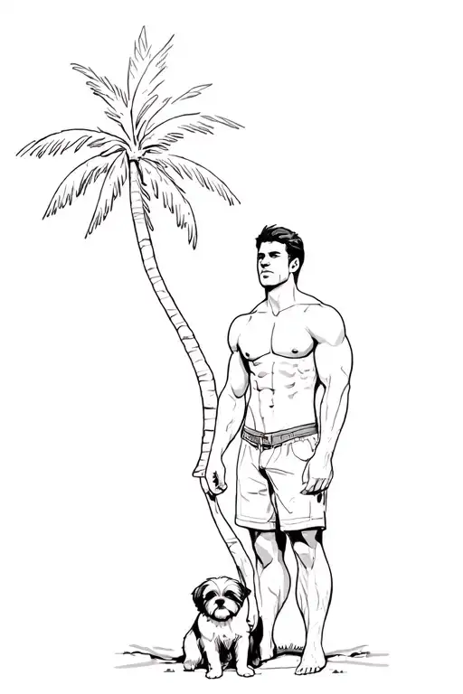 silhouette of a slightly muscular man and a shihtzu dog under a coconut tree with the sun in the left top corner  tattoo design idea