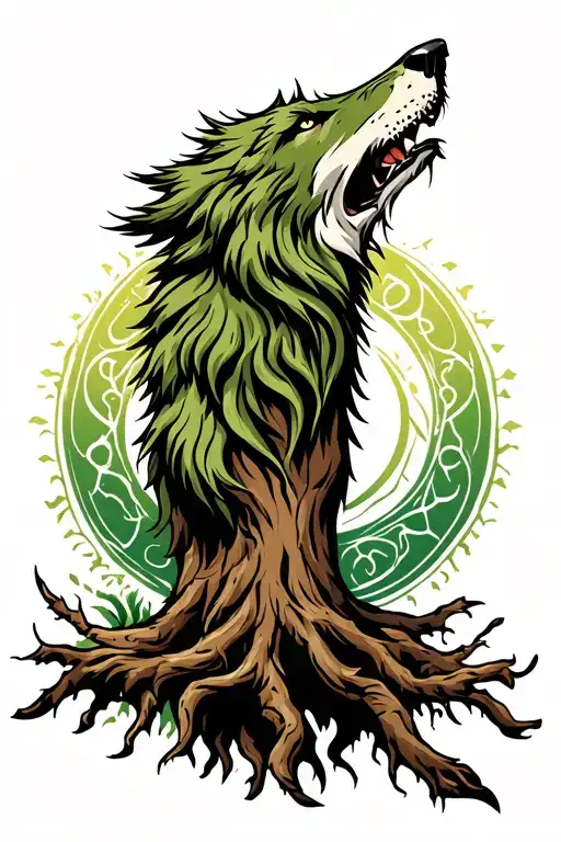 Viking tree of life with Norse wolf howling tattoo design idea