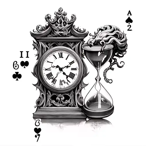 grandfather clock with hourglass, hands point at 1,2,6.  Medusa as the ace of hearts attacking king of hearts, tribal tattoo design idea