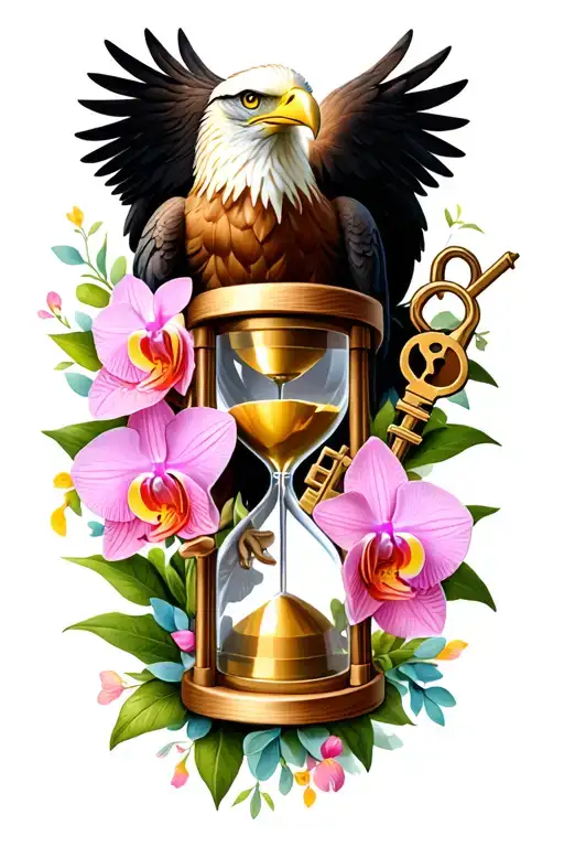 eagle represents protection of my kids with simple hourglass, orchids and lock and key  tattoo design idea