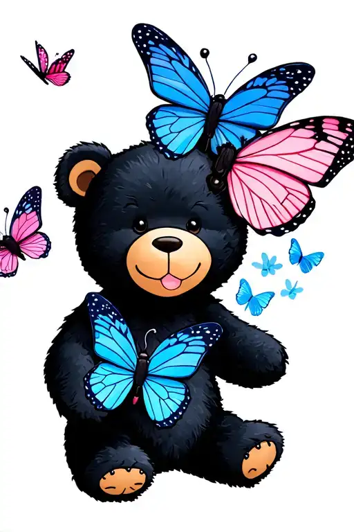 Happy teddy bear with 2 blue butterflies and 2 pink butterflies buzzing around tattoo design idea