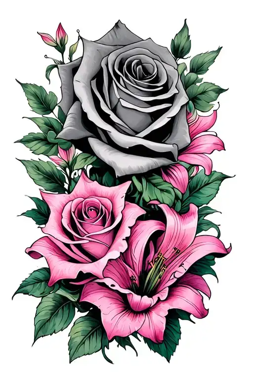 Symbolic representation of a parent's fight against injustice and corruption, incorporating roses and lilies tattoo design idea