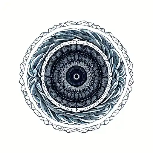 ocean waves transforming into concentric mandala patterns, abstract symmetry, depth and expansion, clean line work tattoo design idea