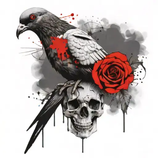 pigeon sitting on skull with roses tattoo design idea