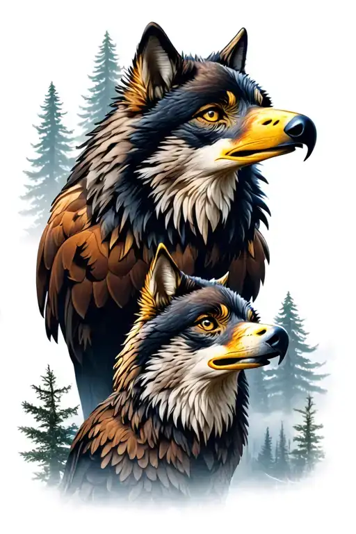 wolf and eagle with forest background tattoo design idea