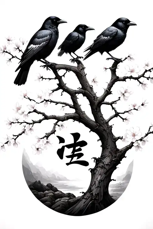 two crows on cherry blossom tree with kanji symbol for family tattoo design idea