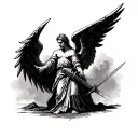 one winged angel with his head looking down towards the ground holding a sword piercing the ground as if guarding a area tattoo design idea