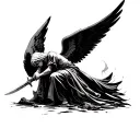 one winged angel with his head looking down towards the ground holding a sword piercing the ground as if guarding a area tattoo design idea