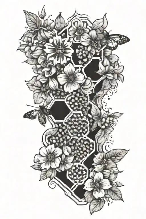 honeycomb and flowers growing tattoo design idea