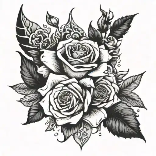 broken sword wrapped by roses blooming tattoo design idea