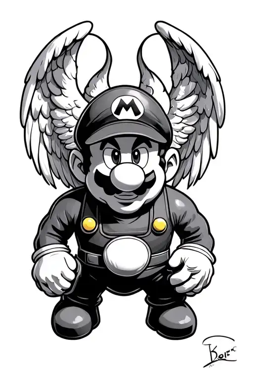Create a new age tattoo of Mario with a classic angel and devil influence in his shoulders, in the form of a goomba and  tattoo design idea