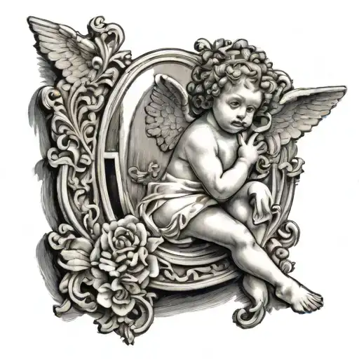 The cherub angel looking into an ornate, vintage mirror in the center of your thigh.2. Details: Surround the mirror wit tattoo design idea
