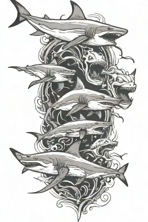 half sleeve of hammerhead sharks swimming along with ghostface masks and Jason masks tattoo design idea