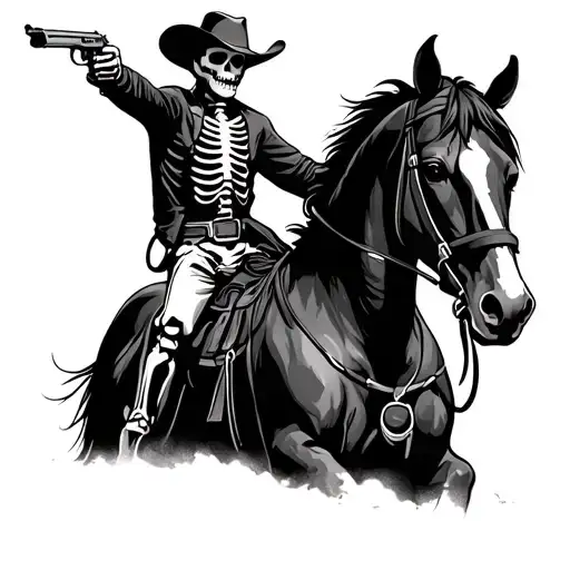 skeleton cowboy on horse shooting pistol  tattoo design idea