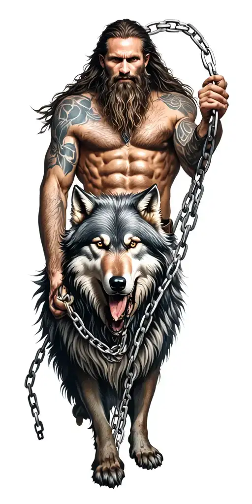 odin holding chains of fenrir wolf surrounded tattoo design idea