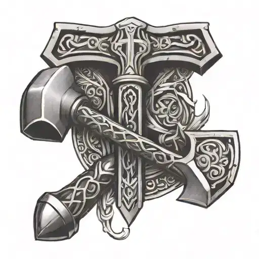 Mjolnir hammer and Odin's horns tattoo design idea