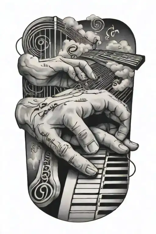 keyboard running down to back of hand  twisting around forarm. music staff of 4 measures with a melody. clouds tattoo design idea