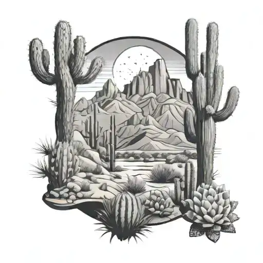 western and desert landscape filled with cacti tattoo design idea
