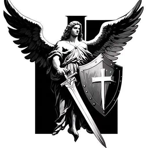 alistic angel with outstretched wings, one hand holding a shield with a cross, the other holding a sword made of light,  tattoo design idea