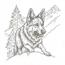 long haired german shepherd dog looking back on a mountain trail tattoo design idea