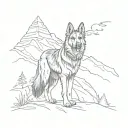 long haired german shepherd dog looking back on a mountain trail tattoo design idea