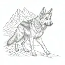 long haired german shepherd dog looking back on a mountain trail tattoo design idea