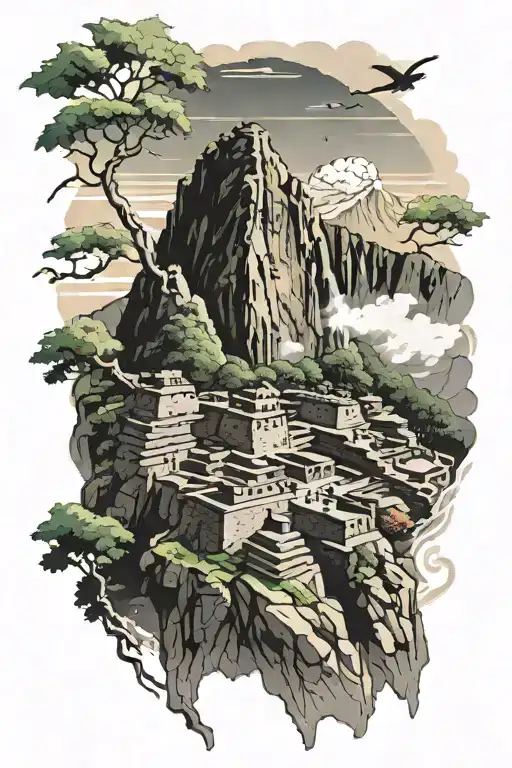 Make a drawing of the silhouette of Machu Picchu with a japanesse Samurai behind it, some maple leaves and colorful tattoo design idea