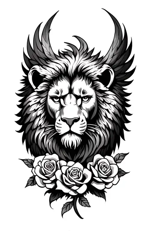 lion head phoenix tattoo with roses tattoo design idea