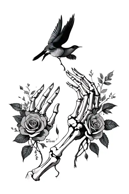 skeleton hands reaching, memento mori, roses, skeleton birds  tattoo design idea