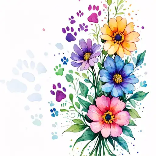 An intricate tattoo featuring a bouquet of flowers with hidden paw prints throughout tattoo design idea