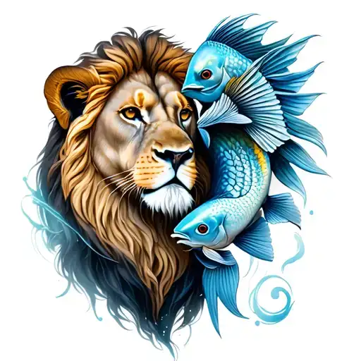 A realistic portrait of a lion and a fish, representing the Leo and Pisces zodiac signs coming together in marriage tattoo design idea
