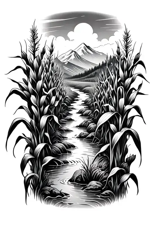Corn Field Fading into mountain stream tattoo design idea
