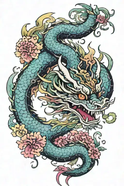 rainbow japanese dragon with chinese dragon horns and 4 toes wrapped round surround by hycanith and carnations tattoo design idea