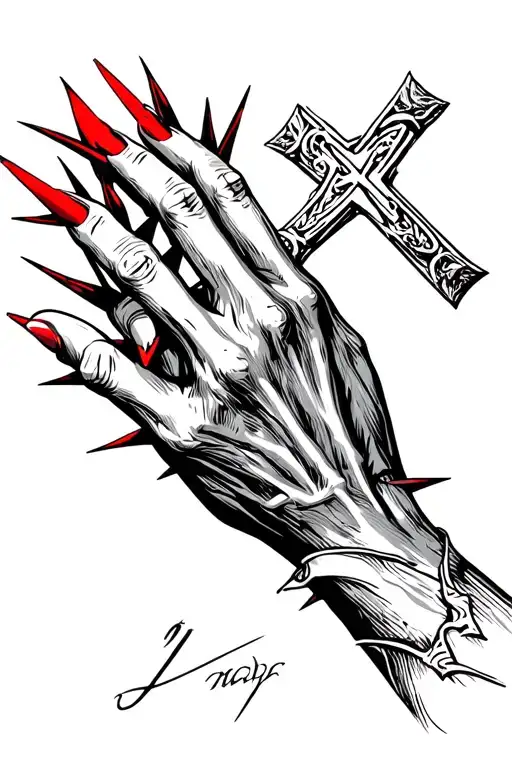 hand covered in spikes and the nails on the fingers are red holding a catholic cross tattoo design idea