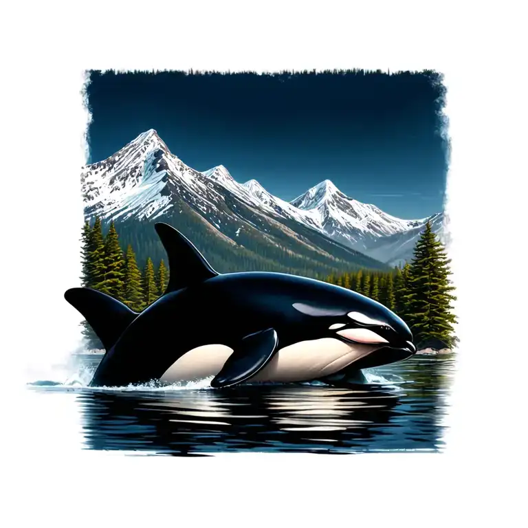 orcas with mountain in a maple leaf tattoo design idea