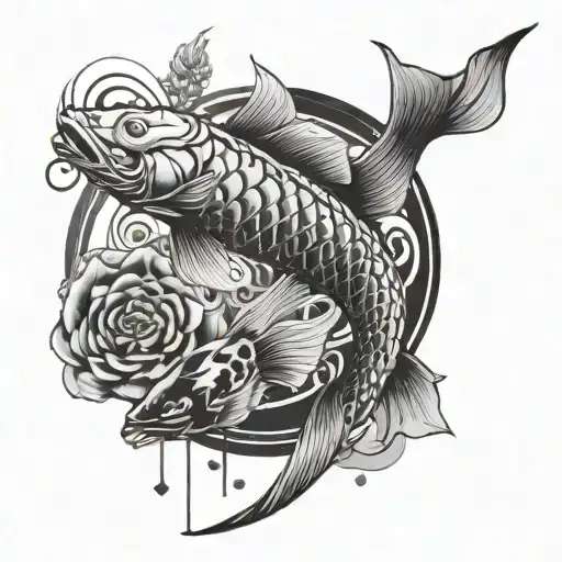 koi fish in a cyber sigilism style with dark souls aesthetic tattoo design idea