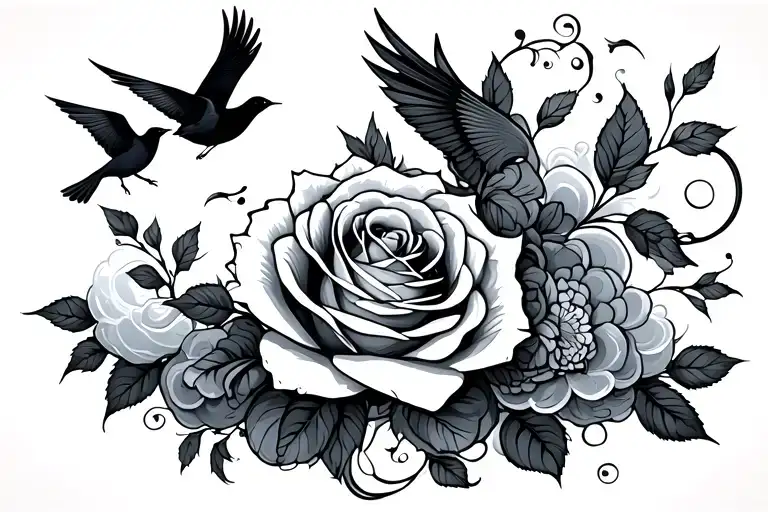 rose, birds, and clouds tattoo design idea