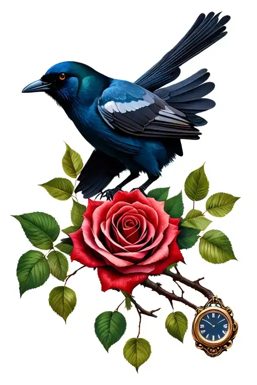 a rose a chronological watch an eye and a crow posed in a tree tattoo design idea
