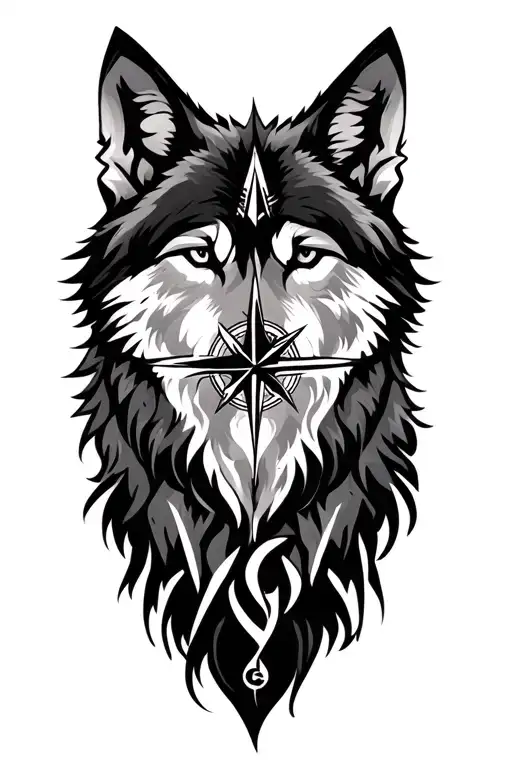 wolf compass nordic style tattoo design idea