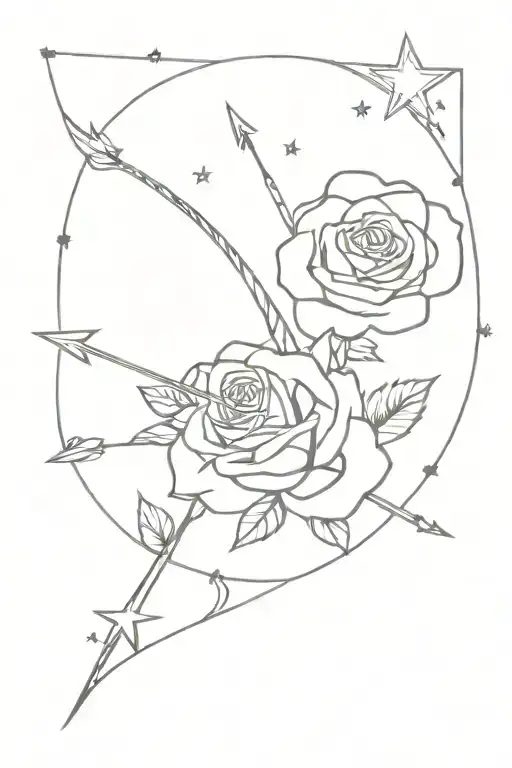 Roses, stars, cupid shooting arrow tattoo design idea