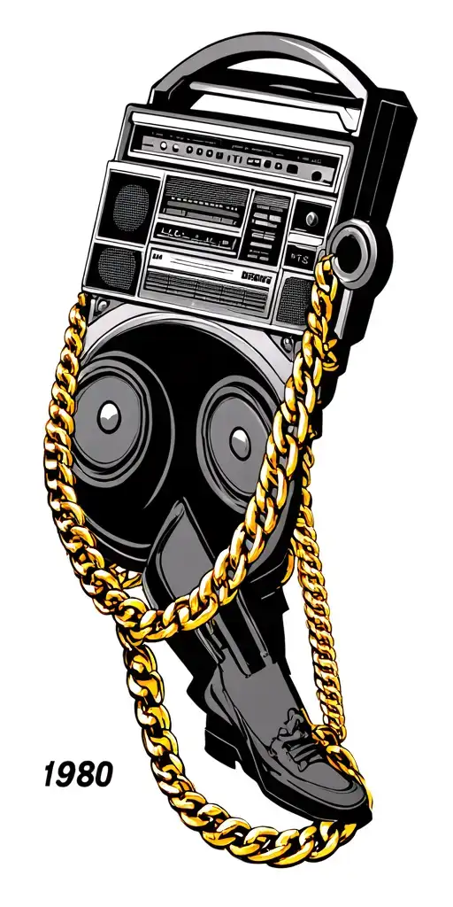 A 1980s boom box in circled with heavy gold chains tattoo design idea