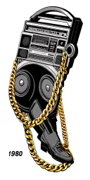 A 1980s boom box in circled with heavy gold chains tattoo design idea