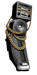 A 1980s boom box in circled with heavy gold chains tattoo design idea