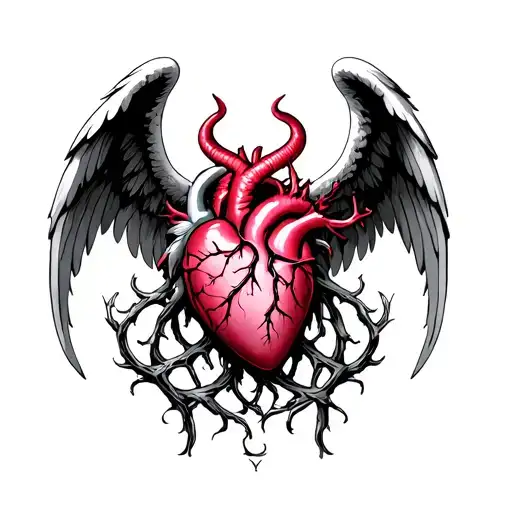 Angel, devil, heart and arteries, family, old watch, pink with thorns, razor tattoo design idea
