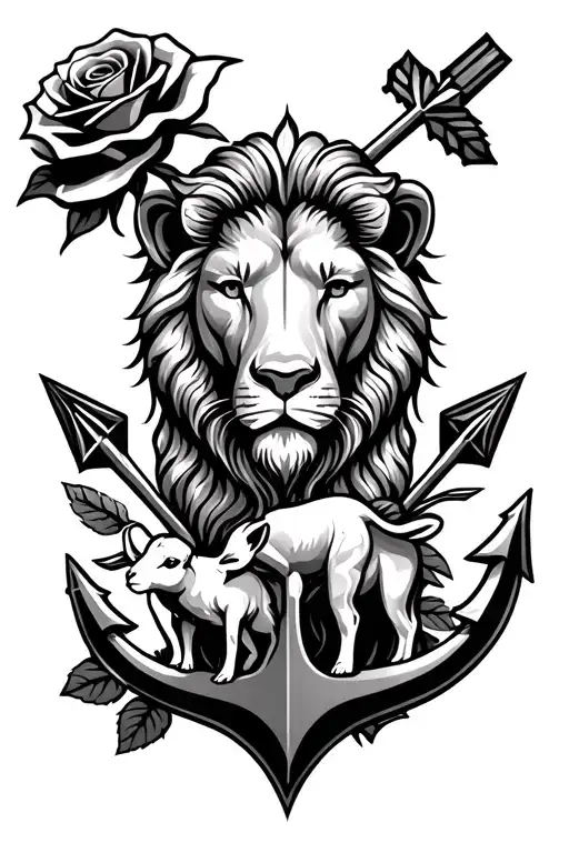 Roses, cross, composs, anchor, arrows, lion, lamb tattoo design idea