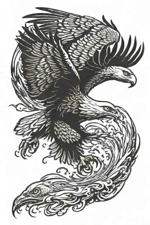 eagle flying and fish jumping tattoo design idea